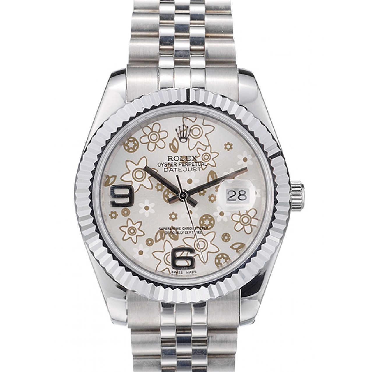 Bezel DateJust Rolex 42001 Dial Ribbed Steel Swiss Silver Flower Stainless 0706